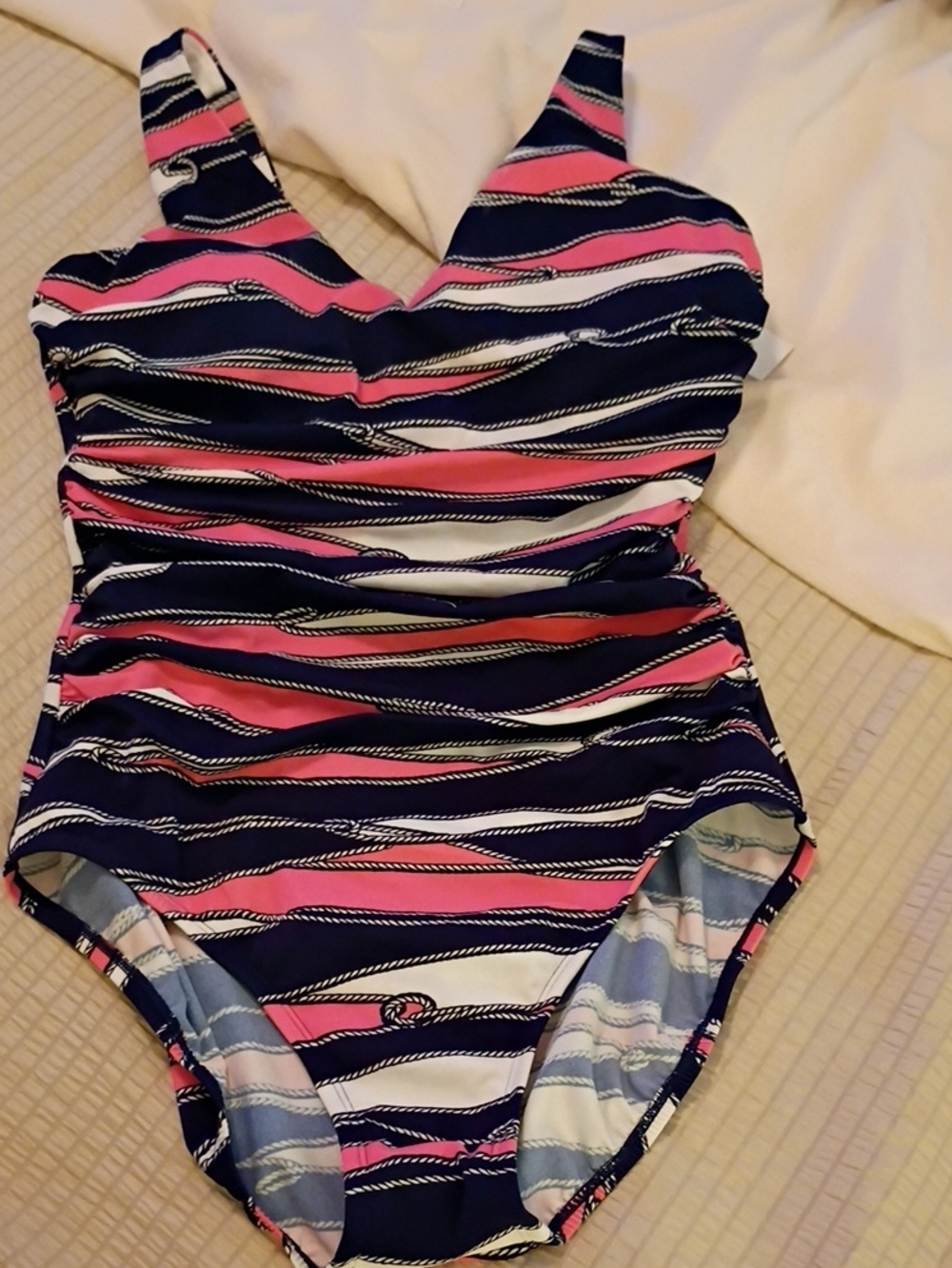 MiraclesuitxTalbots Firm Navy, Pink & White Striped One-Piece Swimsuit Size 10
